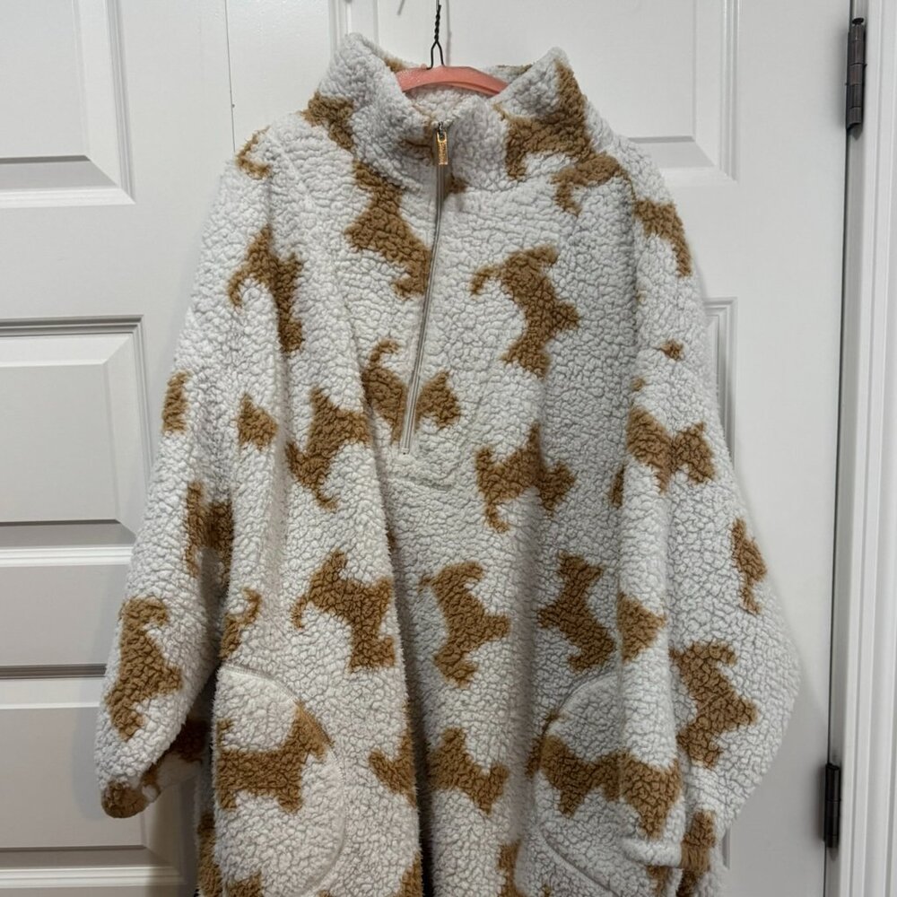 Sherpa Fleece Half-Zip Pullover – White & Tan, Size L (La Vie en Rose)
